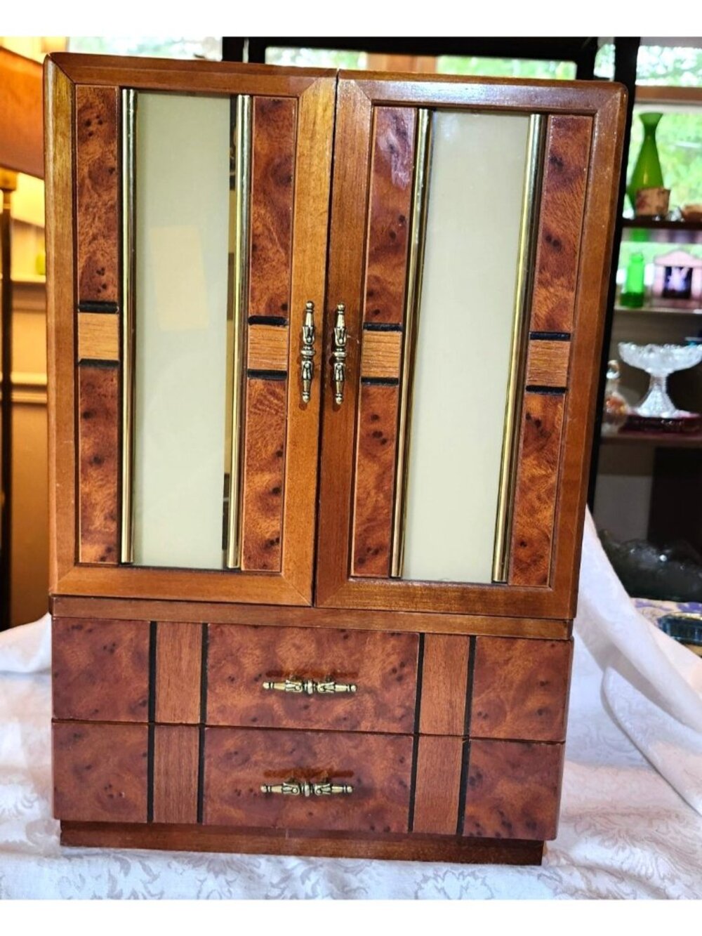 Vintage Burled Wood Jewelry Box 2 Doors Spinning Necklace Holders Velour Padded